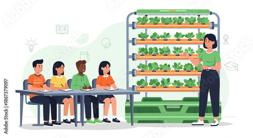 Educational illustration showcasing students learning about vertical farming techniques indoors