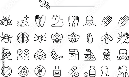 edical Allergy and Healthcare Line Icon Set, Insect Bites, Skin Rash, Dermatological Reactions, Medication Treatment, and Health Sensitivity Information Symbols.