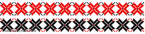 Traditional geometrical ornament isolated on white. Ukrainian Vyshyvanka. Cross stitch. Embroidery in black and red colors . Seamless pattern in vector. Element for design