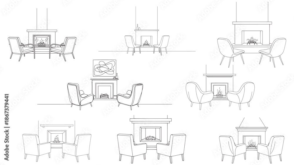 Obraz premium Vector line drawing of a warm fireplace with two comfortable chairs facing the hearth representing a cozy living room setup and peaceful home atmosphere in black and white