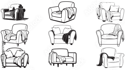 Minimalist black vector illustration of a comfortable lounge armchair with a soft throw blanket draped over the side for cozy home interior design themes
