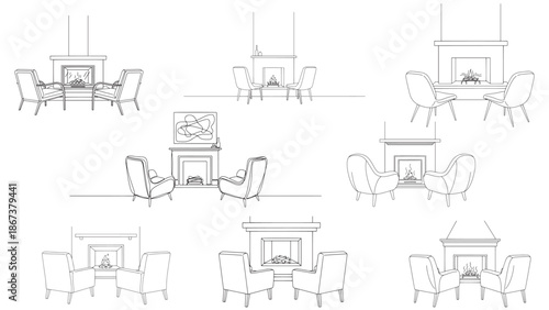 Vector line drawing of a warm fireplace with two comfortable chairs facing the hearth representing a cozy living room setup and peaceful home atmosphere in black and white