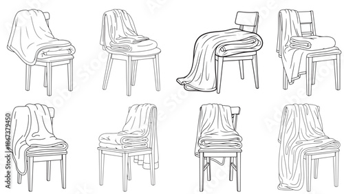 Minimalist black outline illustration of a cozy thick blanket folded neatly on a wooden chair for winter home comfort and bedroom interior decoration concepts