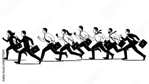 Line of Running Business People Silhouettes Moving Forward, Depicting Progress or a Race, Isolated White Background