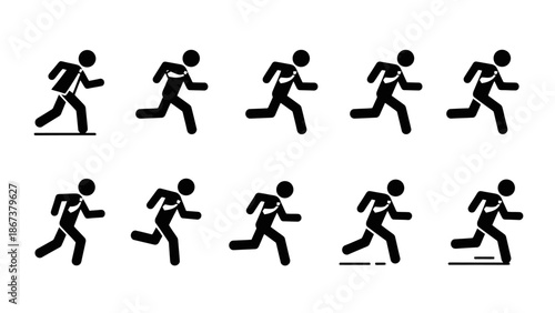 Set of Running Stick Figures in Various Poses, Isolated White Background