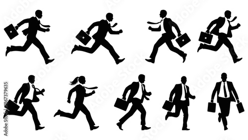 Set of diverse male and female business people running urgently with briefcases on an isolated white background.