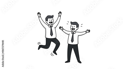 Two happy business men cheering with arms raised, celebrating success and feeling triumphant on an isolated white background.