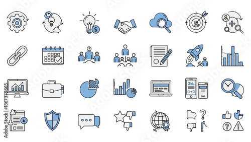 Comprehensive collection of business, technology, and success-themed line icons on an isolated white background.