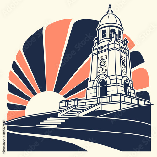 Illustration of a historic tower at sunset