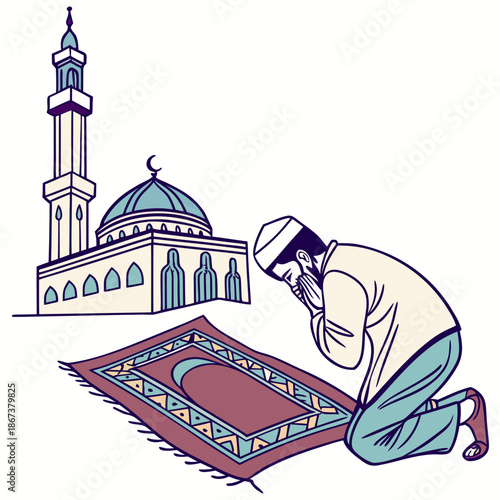 Person praying in front of a mosque