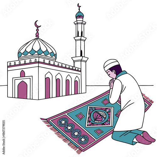 Person praying in front of a mosque