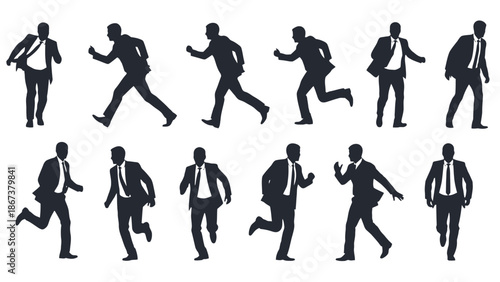 Collection of business people silhouettes in various running and walking poses on isolated white background.