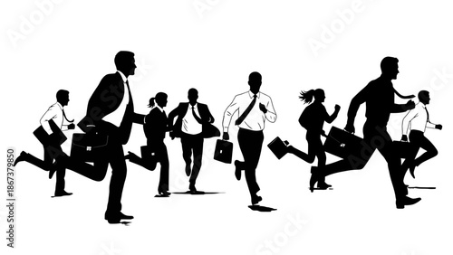 Dynamic silhouette of business people running and rushing in a hurry on isolated white background.