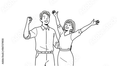 Happy victorious business couple raising hands and celebrating success on isolated white background.