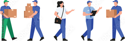 Courier Delivery Team Carrying Boxes and Clipboard for Logistics and Shipping Service Flat Vector Illustration