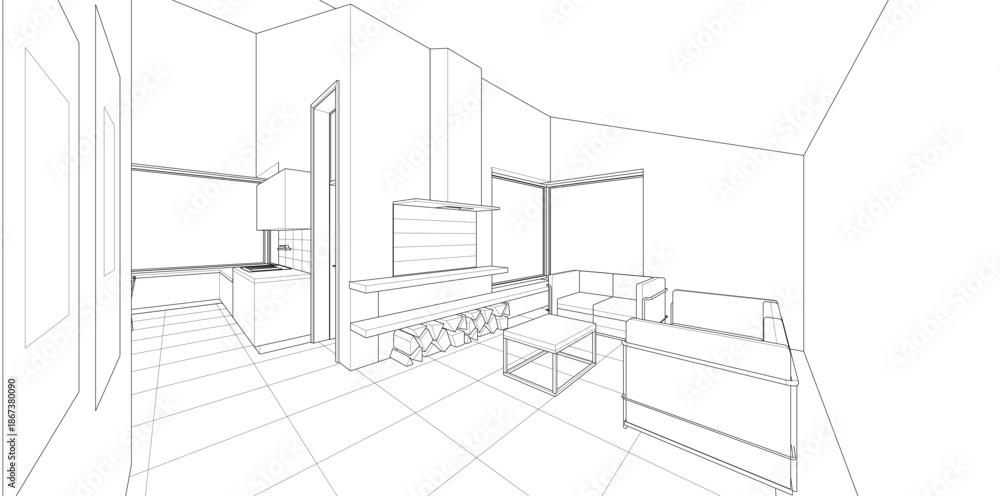 Fototapeta premium interior kitchen living room 3d illustration 