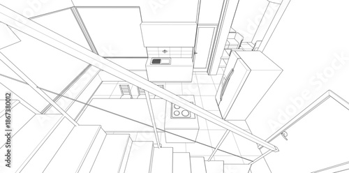 interior kitchen living room 3d illustration	
