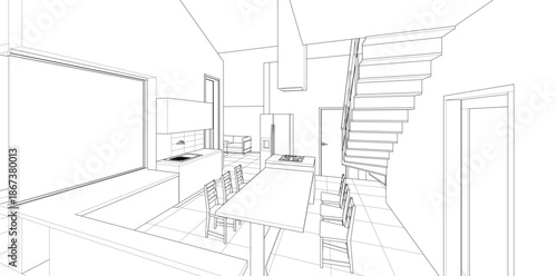 interior kitchen living room 3d illustration	
