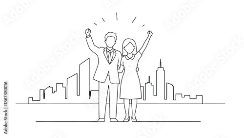 Excited business couple celebrating achievement with raised arms in front of city skyline, isolated white background.