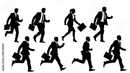 Group of determined business people running with briefcases, depicting urgency and fast pace, isolated white background.
