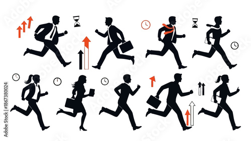 Diverse group of business people running with briefcases, surrounded by clocks and growth arrows, symbolizing urgency and progress on an isolated white background.