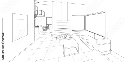 interior kitchen living room 3d illustration	
