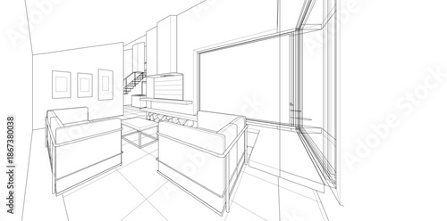 interior kitchen living room 3d illustration	

