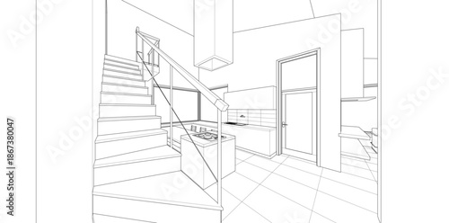 interior kitchen living room 3d illustration	
