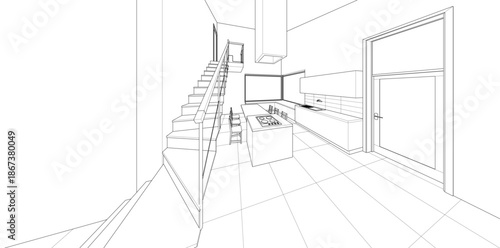 interior kitchen living room 3d illustration	
