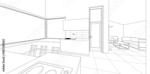 interior kitchen living room 3d illustration	

