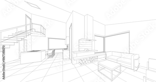 interior kitchen living room 3d illustration	

