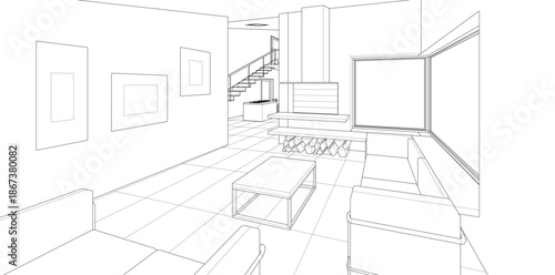 interior kitchen living room 3d illustration	
