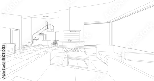 interior kitchen living room 3d illustration	
