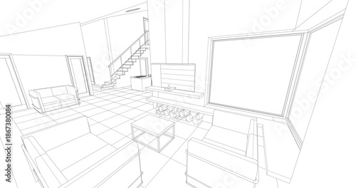 interior kitchen living room 3d illustration	
