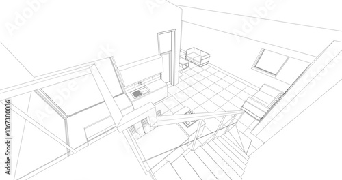 interior kitchen living room 3d illustration	
