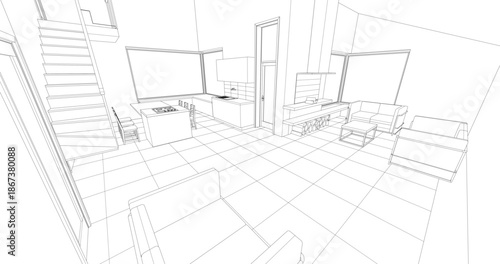 interior kitchen living room 3d illustration	
