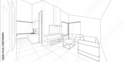 interior kitchen living room 3d illustration	
