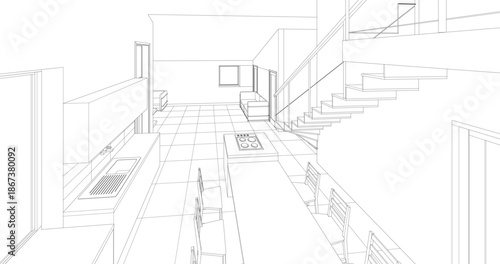 interior kitchen living room 3d illustration	
