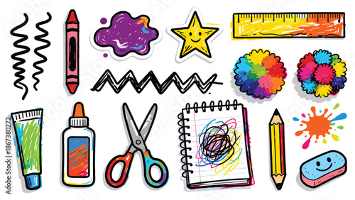 Colorful array of art supplies and creative elements on a white background