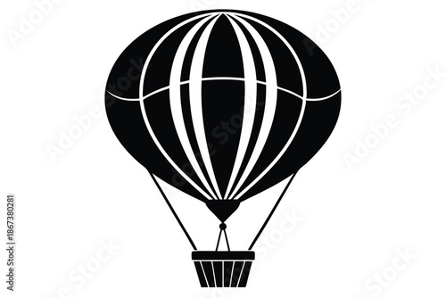 Large Hot Air Balloon Silhouette Graphic, Bold Black and White Vector Illustration for Outdoor Event Promotion and Festival Signage Isolated on White