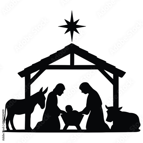 Nativity scene silhouette with Mary, Joseph, and baby Jesus under a star