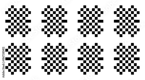 Black and white checkerboard pixelated shapes arranged in rows of pattern