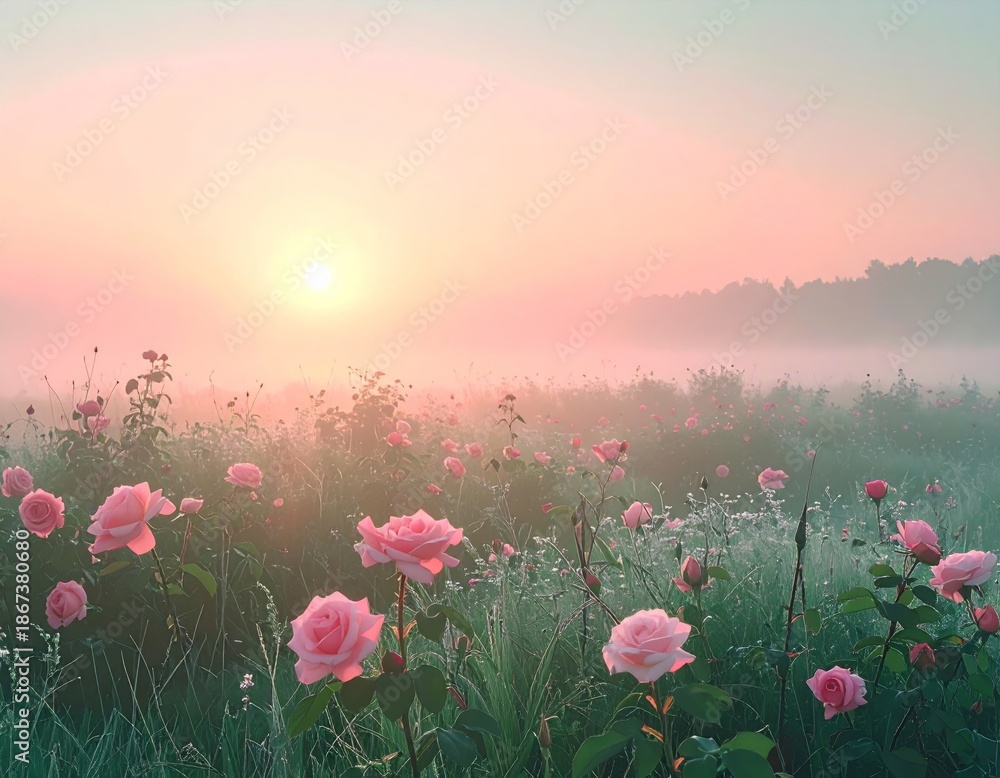 Obraz premium Dreamy Pink Rose Garden at Dawn with Dew and Misty Forest Backdrop
