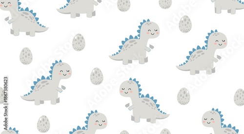 Cute Baby Dinosaur Seamless Pattern with Eggs in Soft Pastel Colors Flat Cartoon Vector Illustration