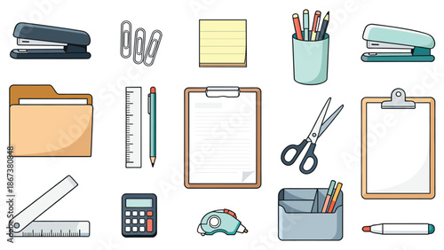 Assorted office supplies including pens, scissors, and paper clips arranged on a white background