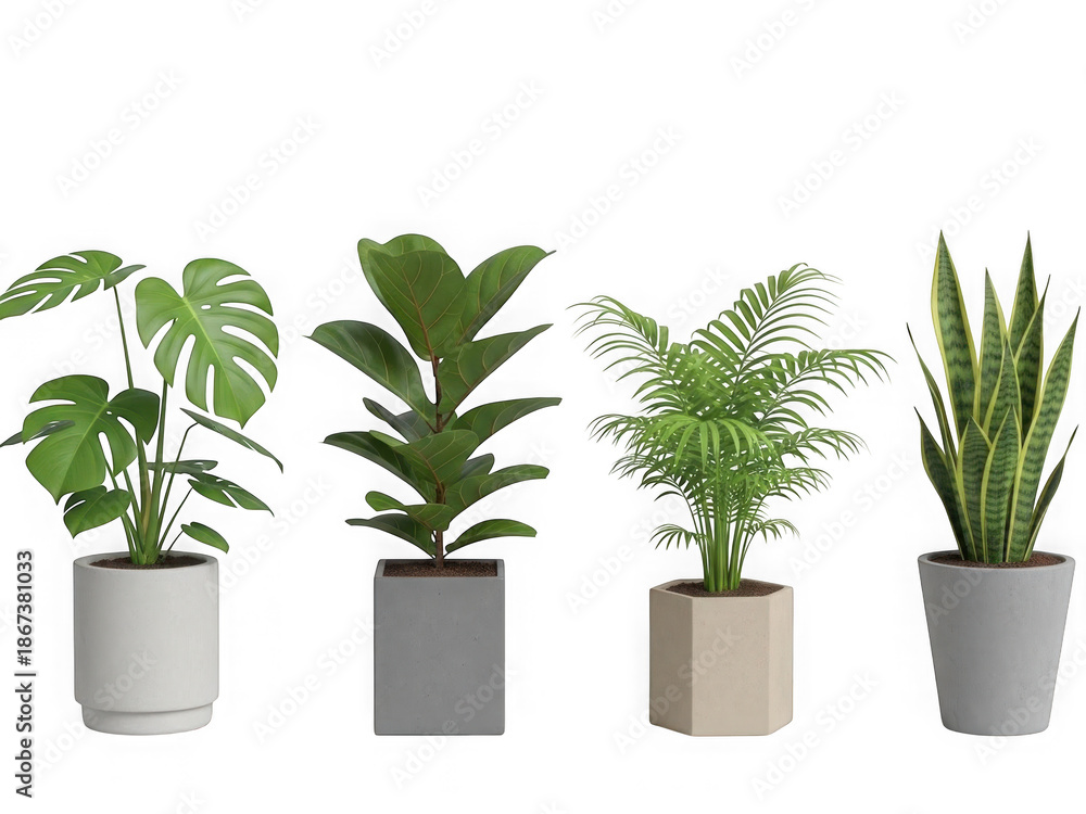 Obraz premium Four diverse houseplants in modern pots against a white background