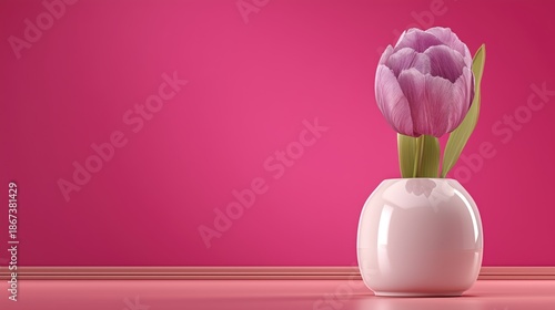 A single pink tulip stands in a glossy pink vase, set against a bold pink backdrop