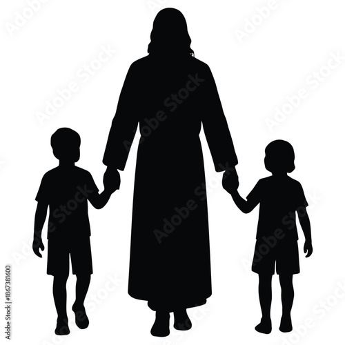 Silhouette of a person holding hands with two children against a white background