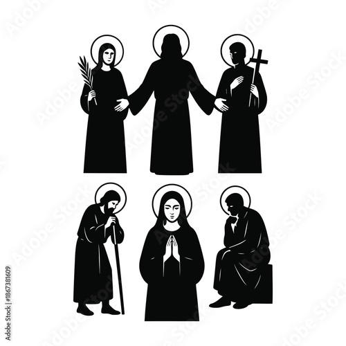 Group of religious figures in traditional robes standing together, holding symbols of faith, prayer, and devotion