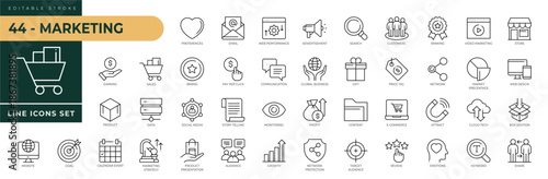 A collection of Marketing icons set with editable stroke, including Brand, monitoring, profit, target audience, social media, content, gift, search, store, emotions. Thin linear vector illustration